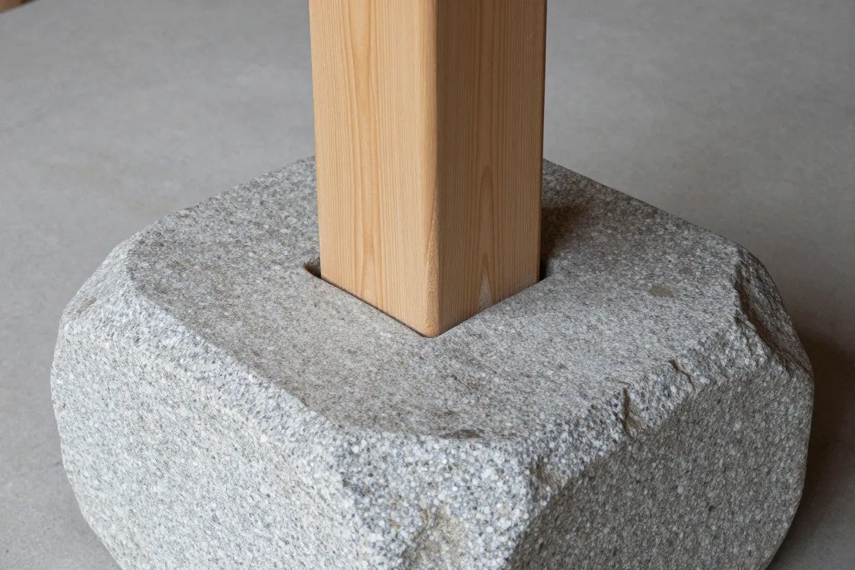 Hand-cut stone footing supporting a light cypress timber post, ishibadai foundation reference