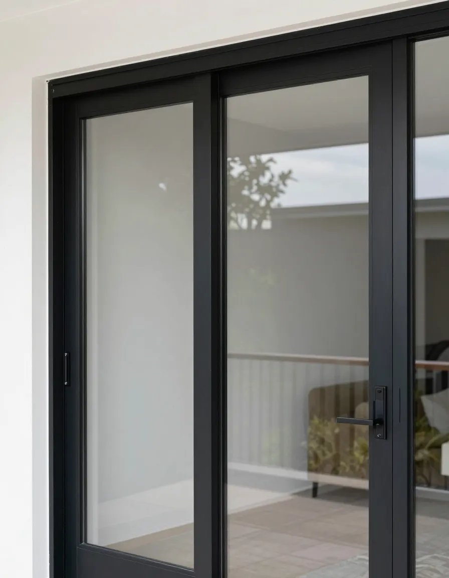 Black aluminium framed sliding door with brushed handle hardware