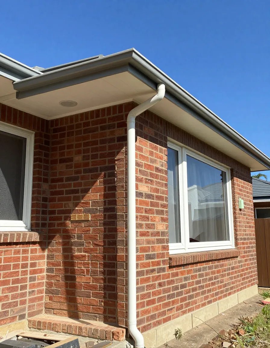 Suburban brick home with newly installed fascia and downpipe after storm claim