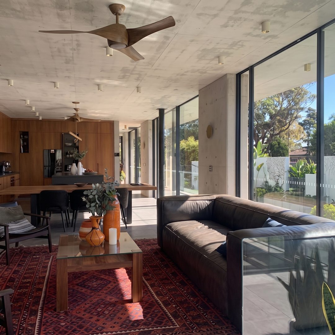 Board-formed concrete living room with a leather sofa opening to the garden through full-height glass