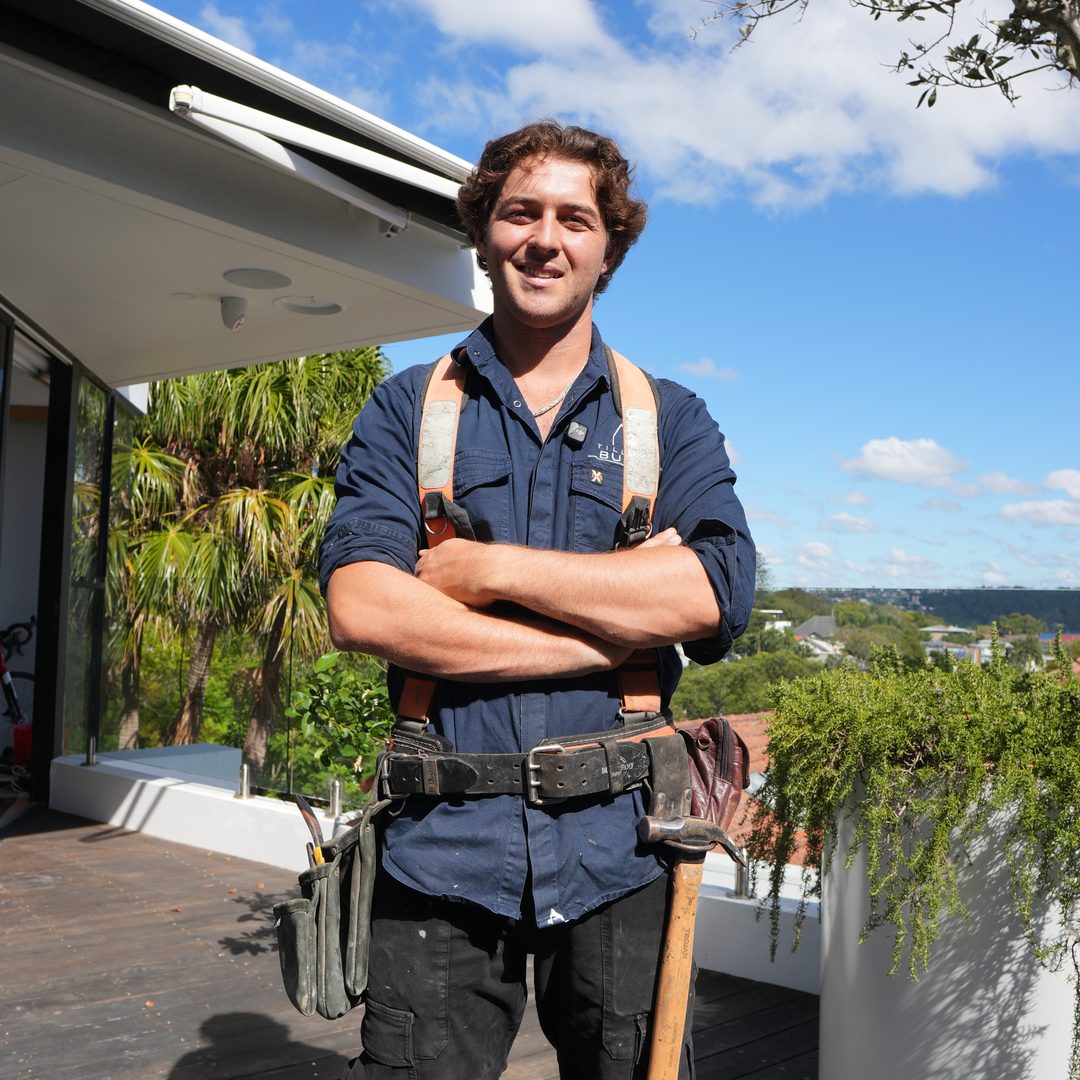 Piper Moss carpenter on a completed rooftop deck overlooking Sydney